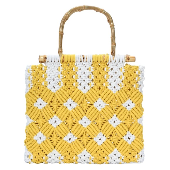 Handbags - Crochet Bag in Yellow and White with Bamboo Handles. Brand new!